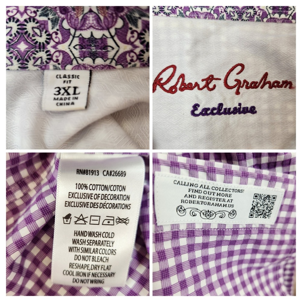 Robert Graham Exclusive Classic Fit Purple Gingham Button Up Shirt 3XL Flip Cuff - Picture 5 of 7